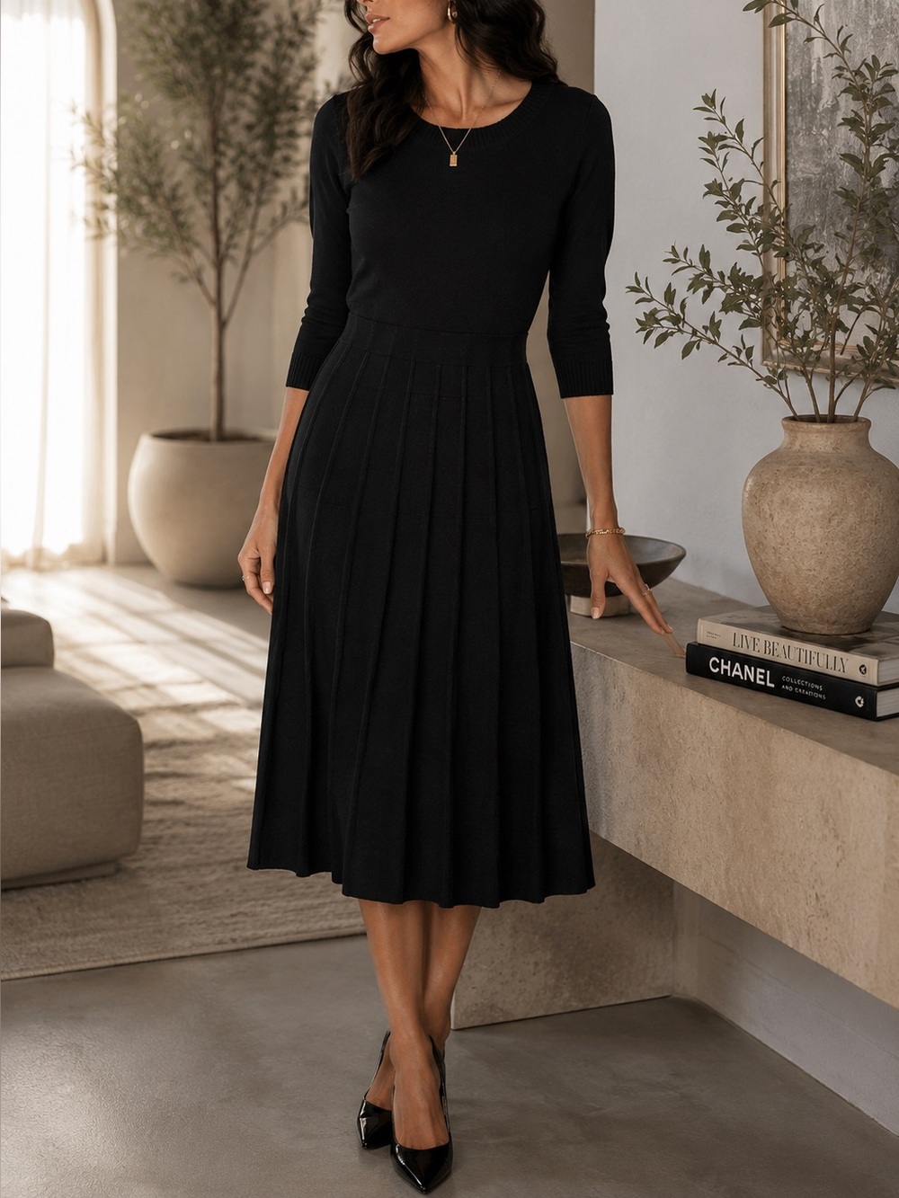 Jones Studio Black Knit Fit & Flare Midi Sweater Dress Size M